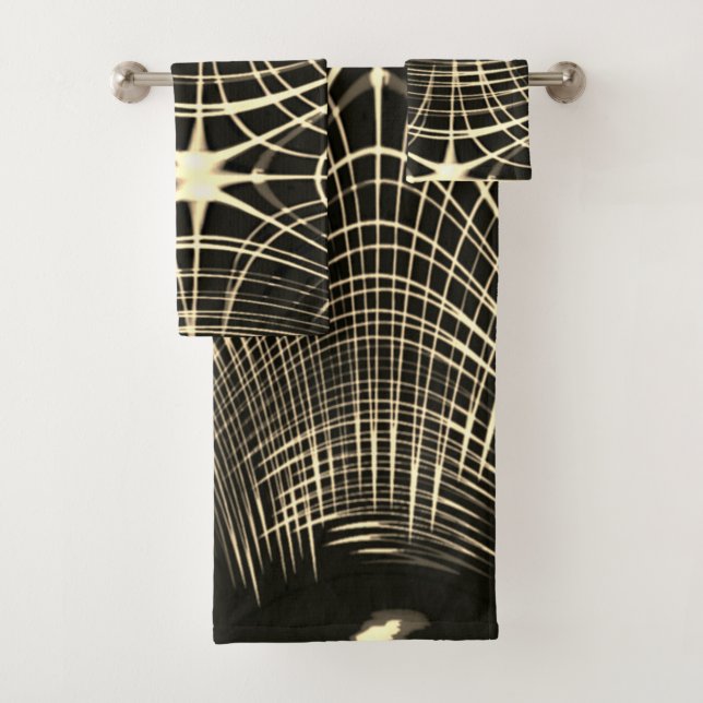 Khaki lines that are repeated in wave and crossed bath towel set (Insitu)