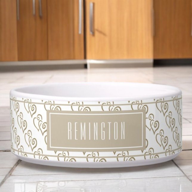 Khaki Linked Heart Pattern On Purple Custom Bowl (custom pet bowl front with khaki linked heart pattern)