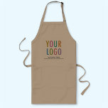Khaki Long Apron Custom Business Logo Personalized<br><div class="desc">Customize your own branded apron online with your company logo, business tagline, and website address, or other custom text. This is a long khaki apron with pockets made of poly-cotton twill. Short length apron and kid size are also available. Promotional aprons can advertise your business as uniforms for employees, wait...</div>