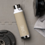 Khaki Modern Typography Personalized Water Bottle<br><div class="desc">Trendy,  vacuum insulated water bottle that features personalized name in white,  modern typography on a khaki colour background. Personalize bottle by editing name and replacing name with your own as desired. Perfect for a birthday gift,  wedding groomsman gift,  etc. Select your water bottle style. Select your water bottle style.</div>