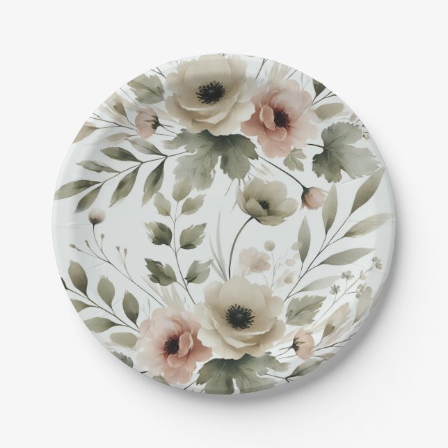Khaki Olive Green Watercolor Floral Wedding Paper Plate (Front)