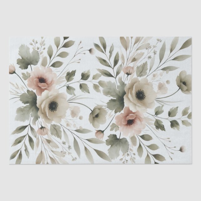 Khaki Olive Green Watercolor Floral Wedding Tissue Paper (Front)
