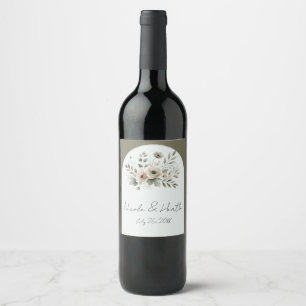Khaki Olive Green Watercolor Floral Wedding Wine Label
