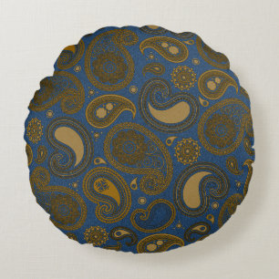 Khaki Paisley on Blue Jean motif Round Pillow