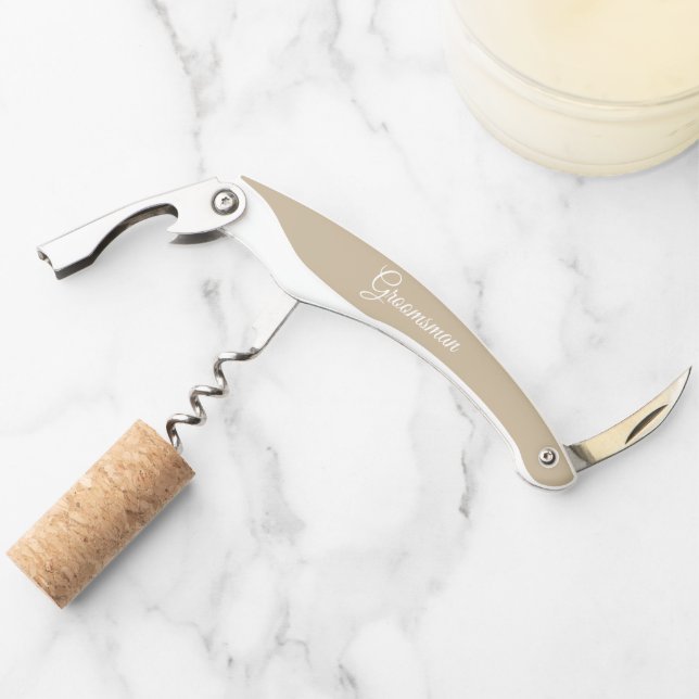 Khaki Personalized Wedding Groomsman Corkscrew (Front)
