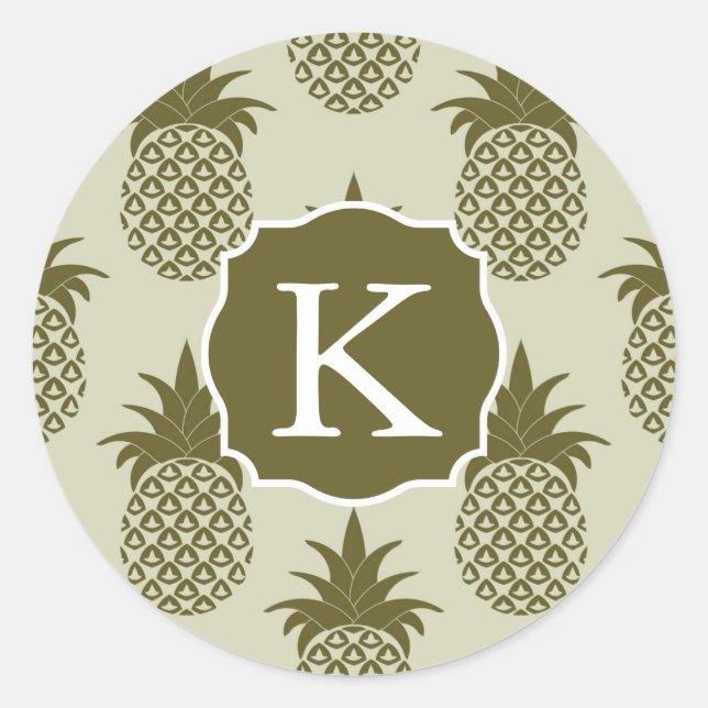 Khaki Pineapple Pattern | Add Your Initial Classic Round Sticker (Front)