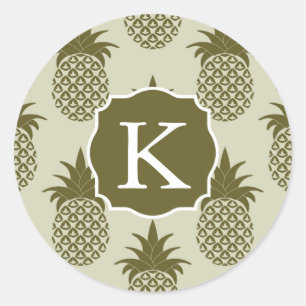 Khaki Pineapple Pattern   Add Your Initial Classic Round Sticker