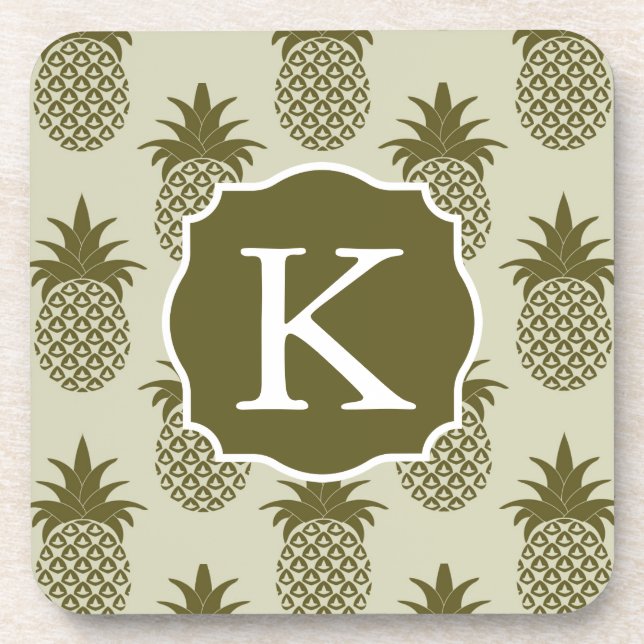 Khaki Pineapple Pattern | Add Your Initial Coaster (Front)