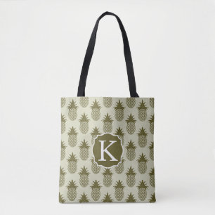 Khaki Pineapple Pattern   Add Your Initial Tote Bag