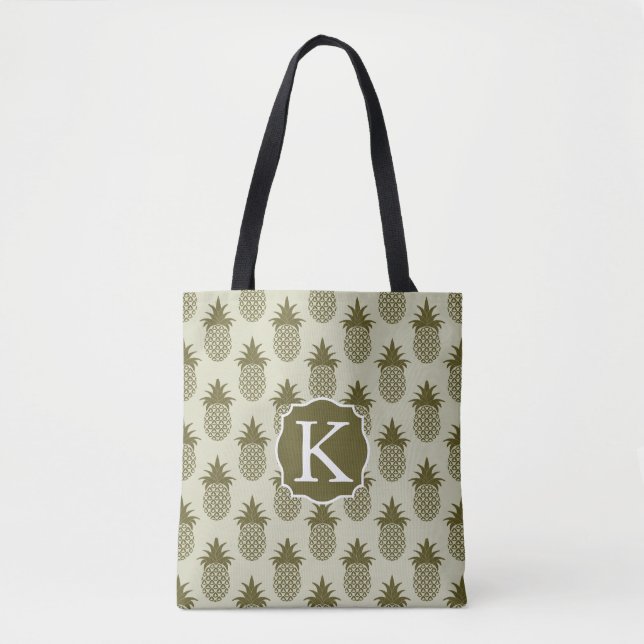 Khaki Pineapple Pattern | Add Your Initial Tote Bag (Front)
