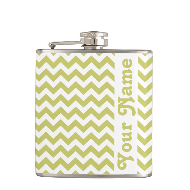 Khaki Safari Chevron with customizable name Hip Flask (Front)
