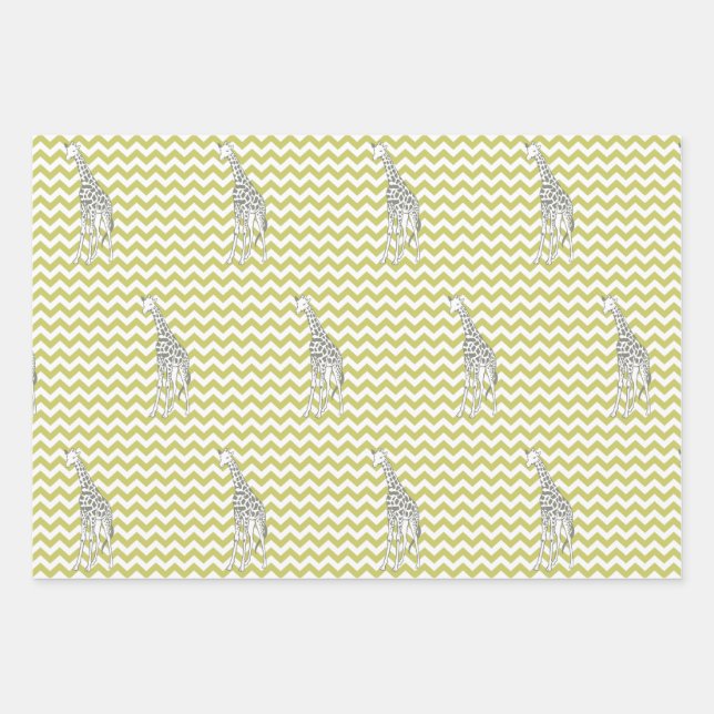 Khaki Safari Chevron with Pop Art Giraffe Wrapping Paper Sheet (Front)