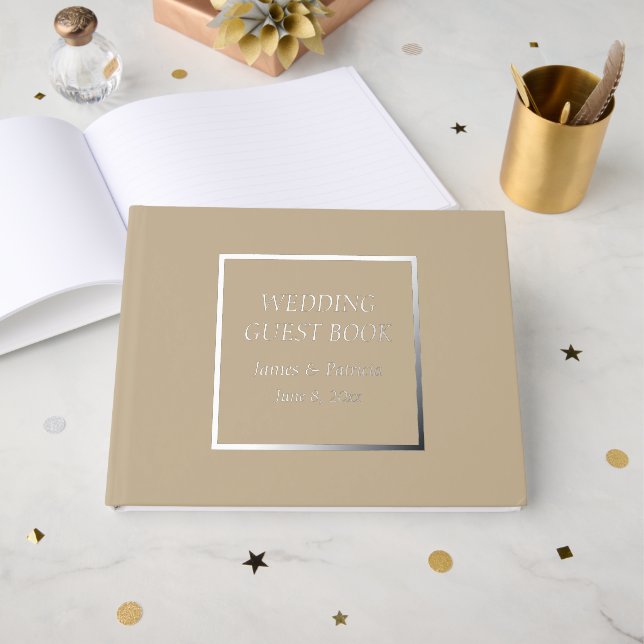 Khaki Simple Stylized Lettering Wedding Guest Book (Front Open)
