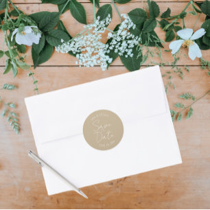Khaki Stylized Wedding Save the Date Classic Round Sticker
