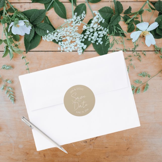 Khaki Stylized Wedding Save the Date Classic Round Sticker (In Situ Wedding)