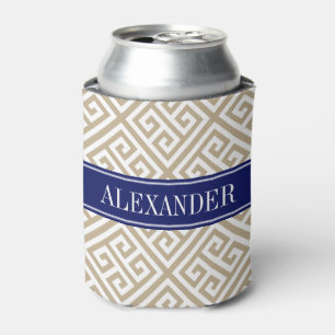 Khaki Wht Greek Key Diag T Navy Name Monogram Can Cooler