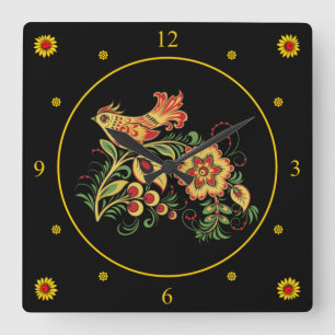 Khokhloma ~ Russian Folk Art ~Bird & Flower ~   Square Wall Clock