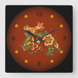 Khokhloma ~ Russian Folk Art ~ Bird ~ Flowers ~ Square Wall Clock