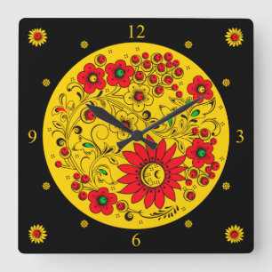 Khokhloma ~ Russian Folk Art ~ Flowers ~ Square Wall Clock