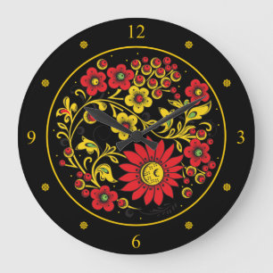 Khokhloma ~ Russian Folk Art ~ Red/Gold Flowers ~ Large Clock