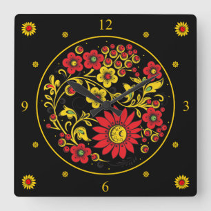 Khokhloma ~ Russian Folk Art ~ Red/Gold Flowers ~  Square Wall Clock