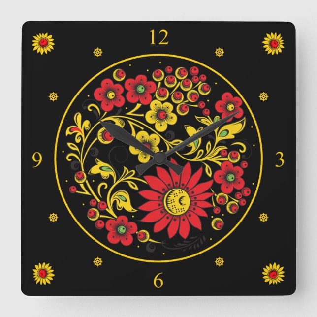 Khokhloma ~ Russian Folk Art ~ Red/Gold Flowers ~  Square Wall Clock (Front)