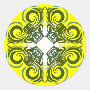 Khokhloma Yellow Green Curly Pattern Classic Round Sticker