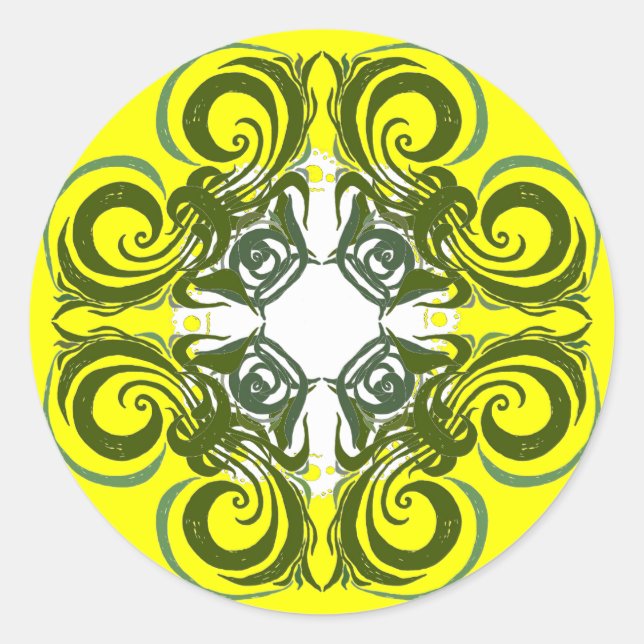 Khokhloma Yellow Green Curly Pattern Classic Round Sticker (Front)