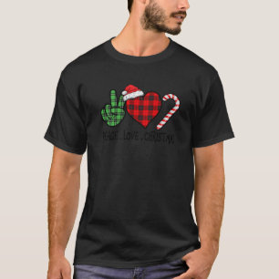 Ki Peace Love Christmas Candy Cane Red Green Plaid T-Shirt