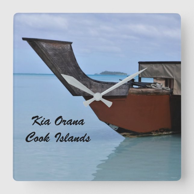 Kia Orana Polynesian Beach and Vaka Boat Square Wall Clock (Front)
