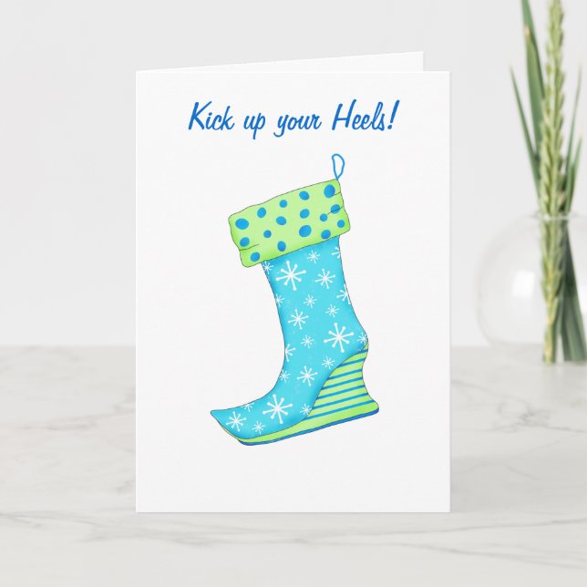 Kick up Heels Happy Birthday Snowflake Stocking Holiday Card (Front)