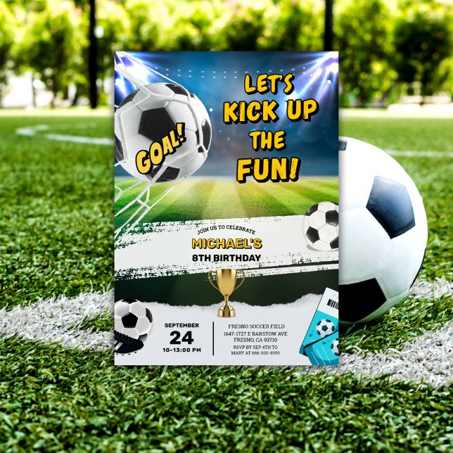 Kick up some fun Soccer Ball Boys Birthday Party Invitation (Lets kick up some fun soccer kids birthday party invitation)