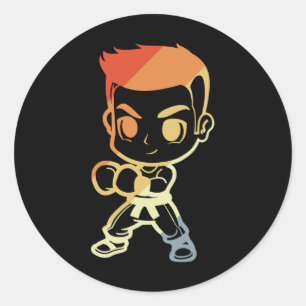 Kickboxing Boy Cartoon Look Kickboxer Karate Classic Round Sticker