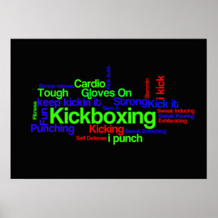 Kickboxing Word Cloud Bright on Black Poster
