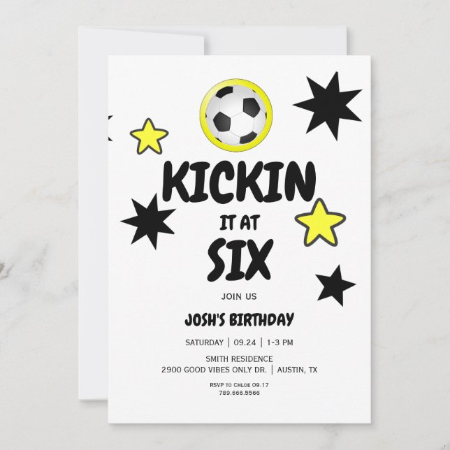 Kickin it at Six 6th Soccer Birthday Party Invitation (Front)