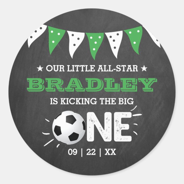 Kicking The Big One | Soccer 1st Birthday Classic Round Sticker (Front)