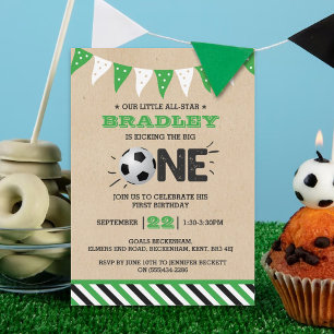 Kicking The Big One Soccer 1st Birthday Invitation