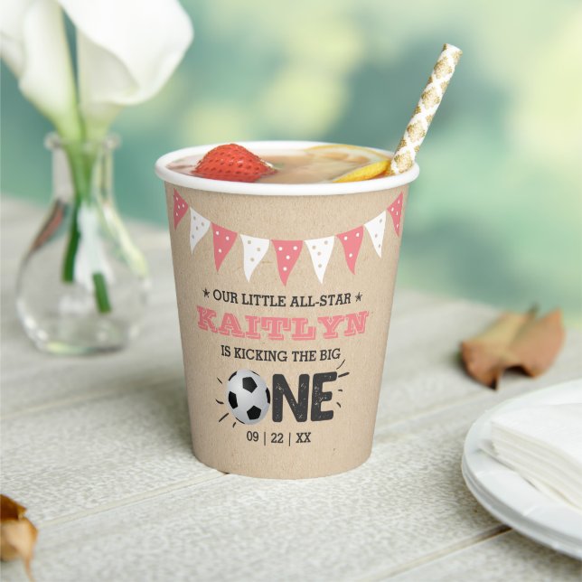 Kicking The Big One | Soccer 1st Birthday Paper Cups (Insitu)