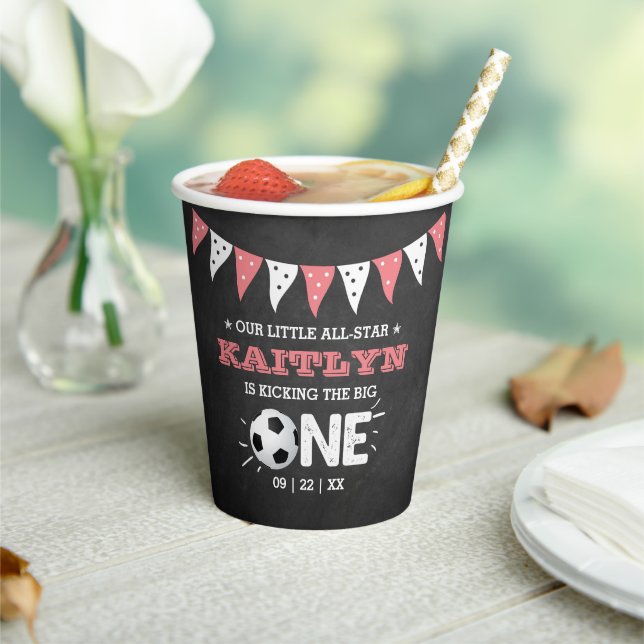 Kicking The Big One | Soccer 1st Birthday Paper Cups (Insitu)