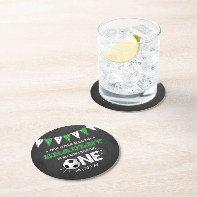 Kicking The Big One | Soccer 1st Birthday Round Paper Coaster (Insitu)
