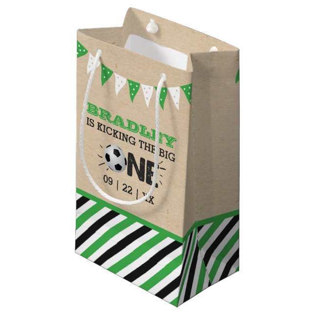 Kicking The Big One | Soccer 1st Birthday Small Gift Bag (Front Angled)