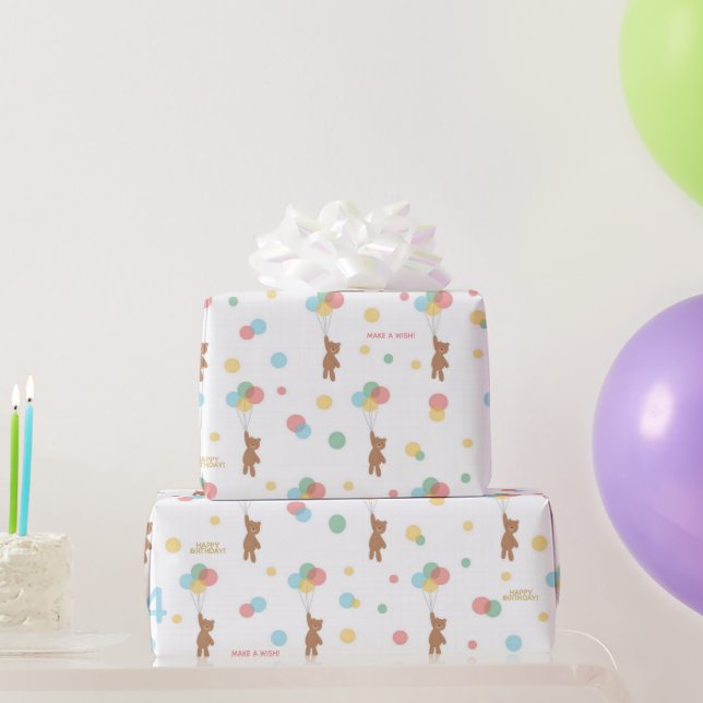 Kid Birthday Balloons Teddy Bear Age Happy Name  Wrapping Paper (Party Gifts)