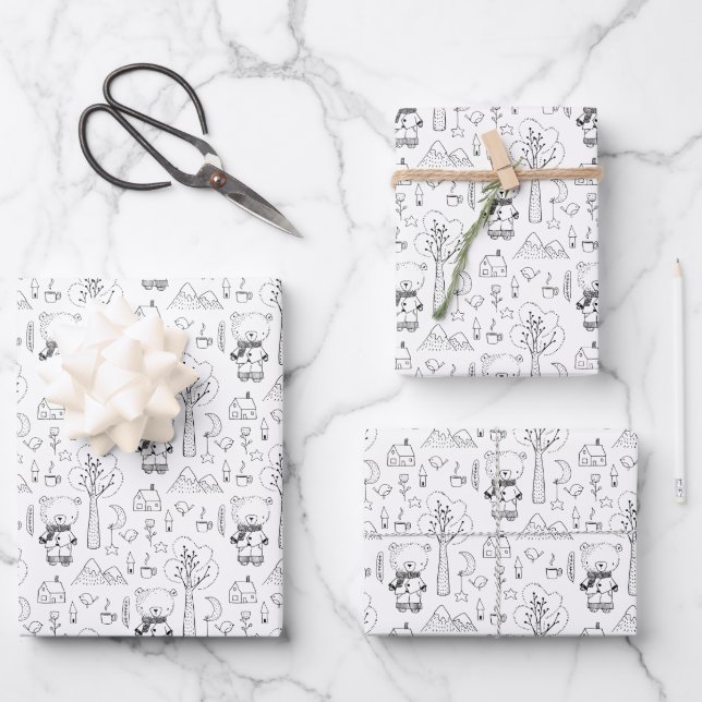 Kid Christmas Black & White Winter Teddy Bears Wrapping Paper Sheet (Front)