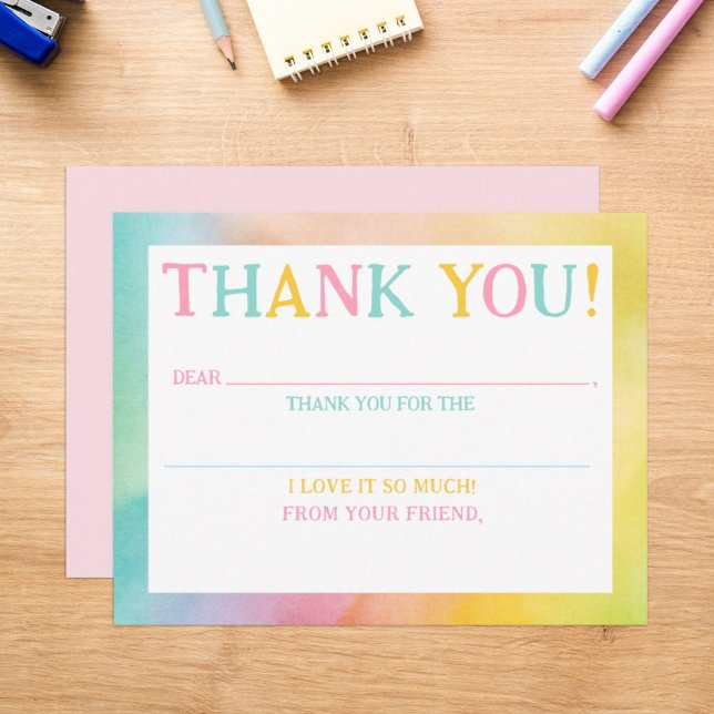 Kid Fill-In Thank You Rainbow Watercolor Note Card (Creator Uploaded)