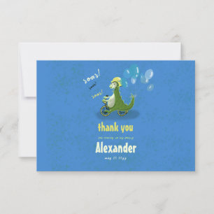 Kid Green Dinosaur on Trike Boy Party Thank You Card