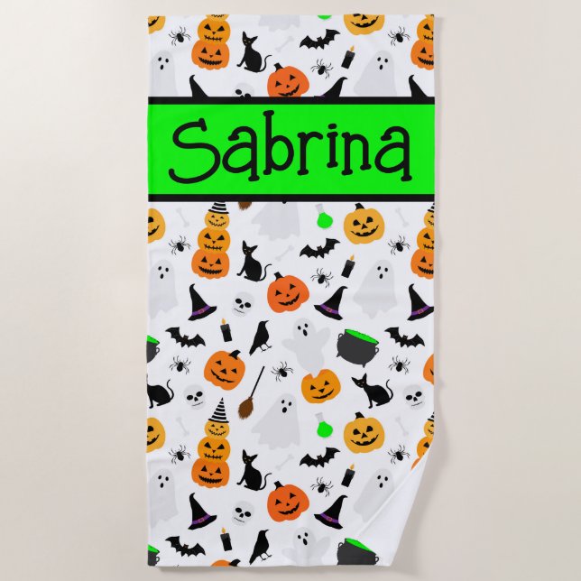 Kid Halloween Ghost Pumpkin Black Cat Personalize  Beach Towel (Front)