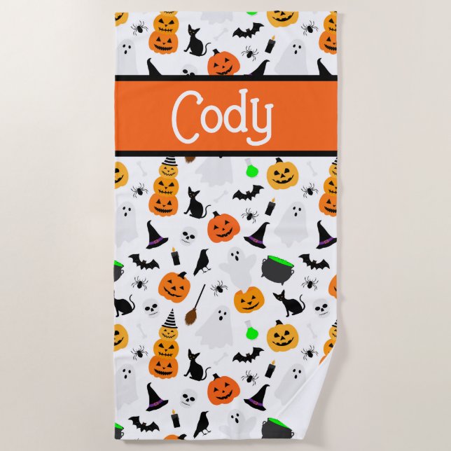 Kid Halloween Ghost Pumpkin Black Cat Personalize  Beach Towel (Front)