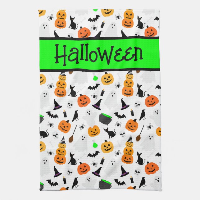 Kid Halloween Ghost Pumpkin Black Cat Personalize  Kitchen Towel (Vertical)