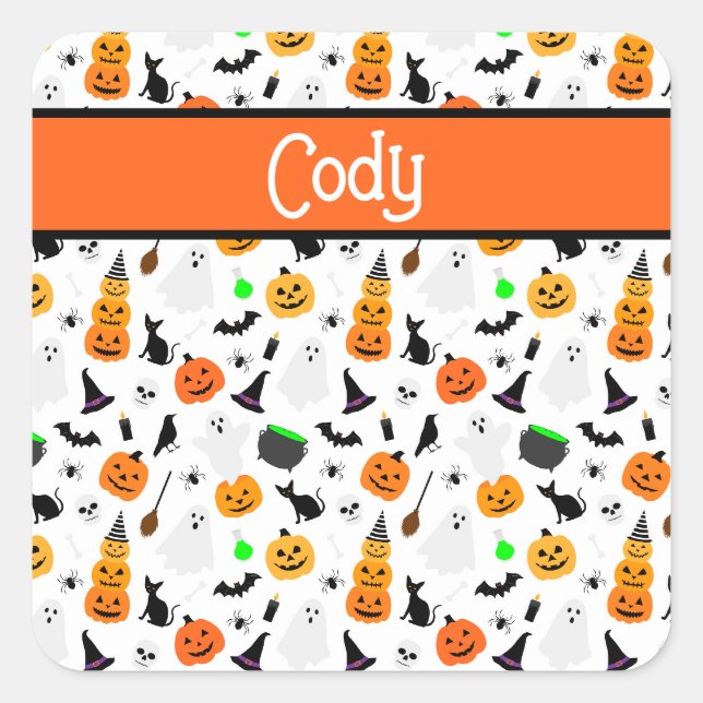 Kid Halloween Ghost Pumpkin Black Cat Personalize  Square Sticker (Front)