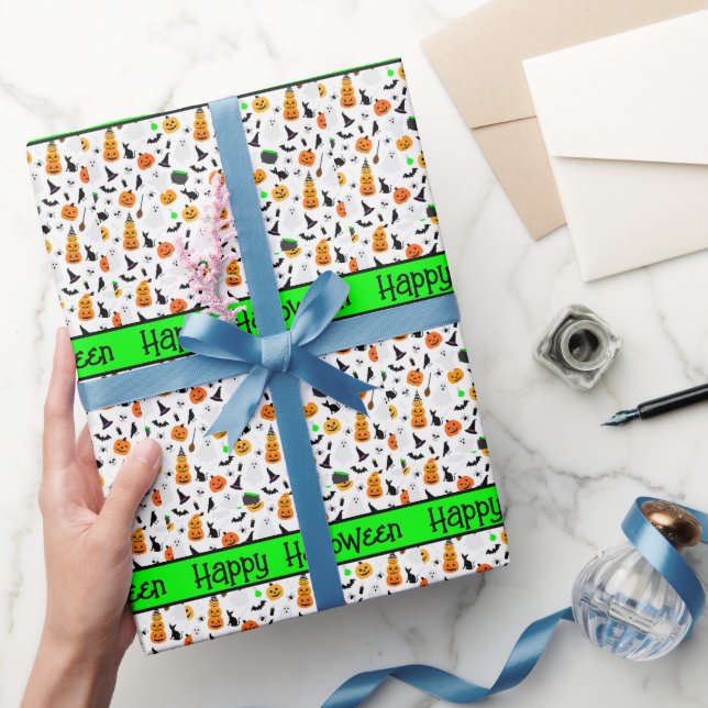 Kid Halloween Ghost Pumpkin Black Cat Personalize  Wrapping Paper (Gifting)
